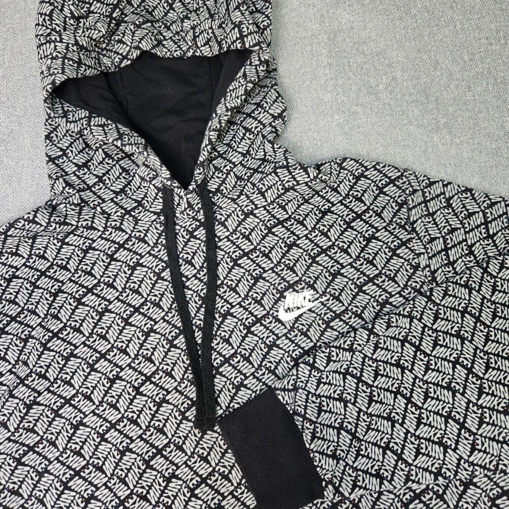 Nike Hoodie Mens Large Black AOP Swoosh Drawstring Pullover Hooded Sweatshirt